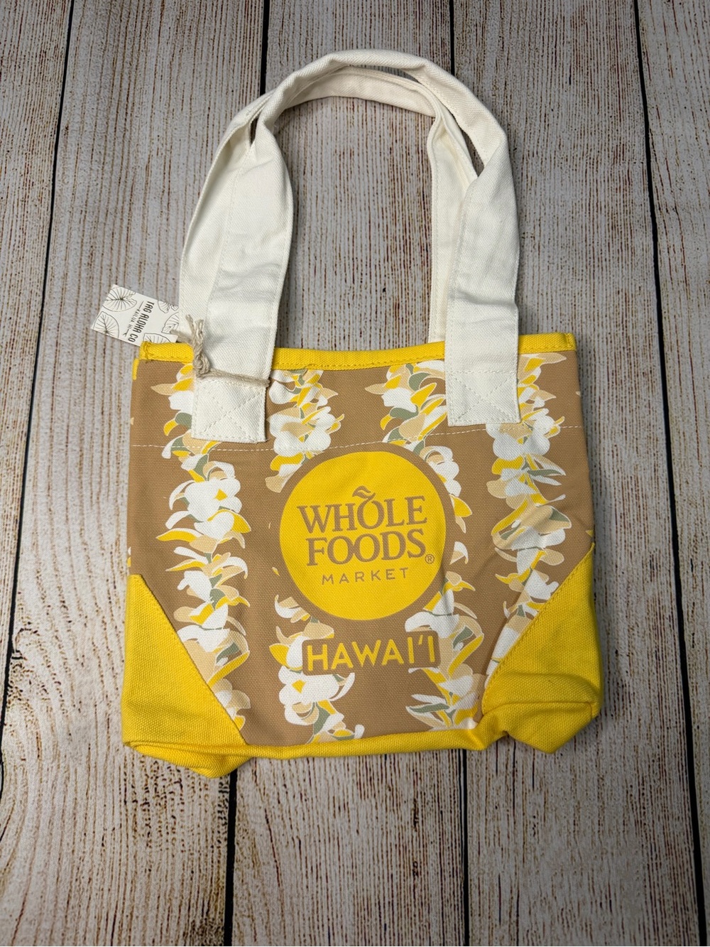 Whole Foods Hawaii Tan With Yellow & White Flower Lei Tote Mini NWT